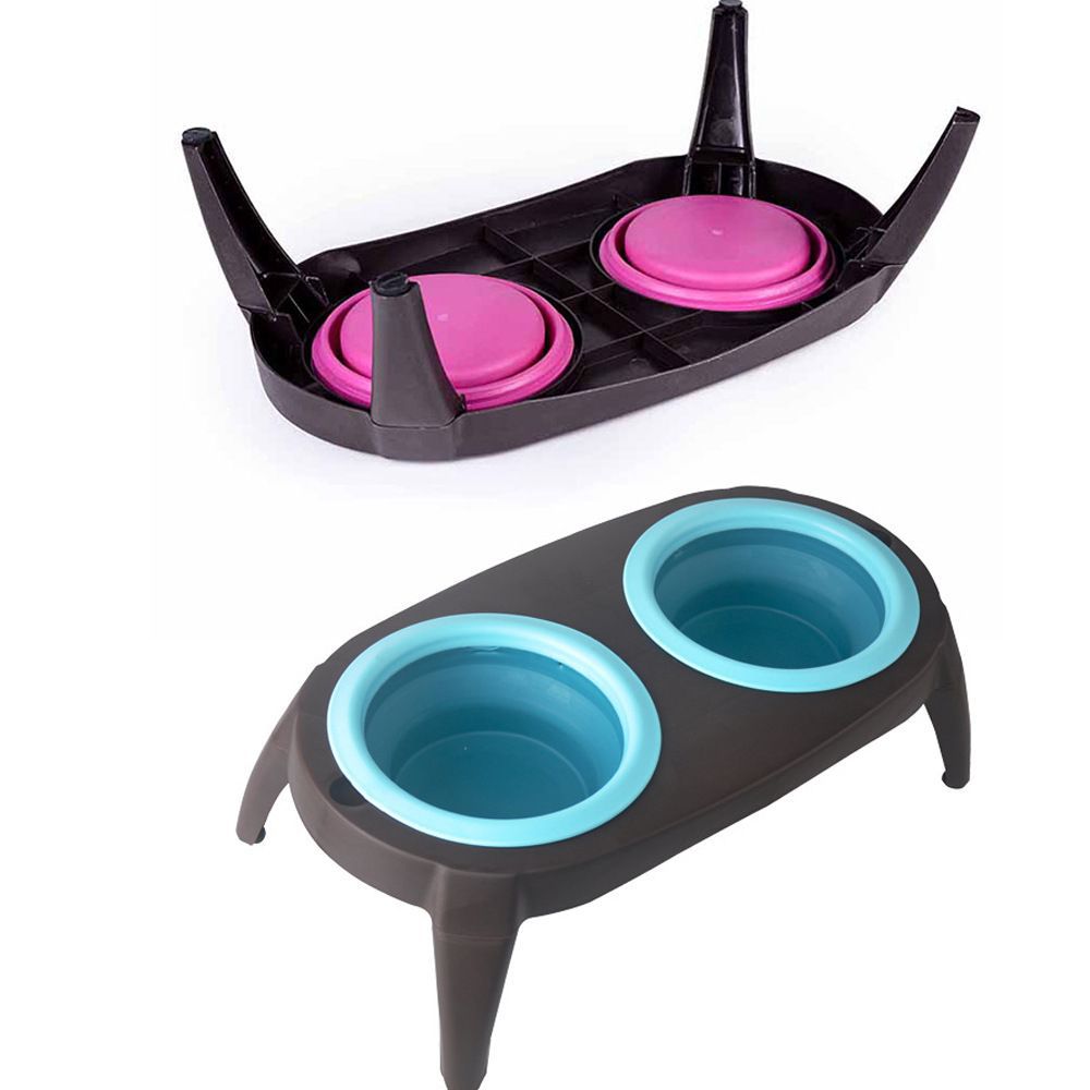 Foldable Silicone Double Pet Bowl – Portable Travel Feeder